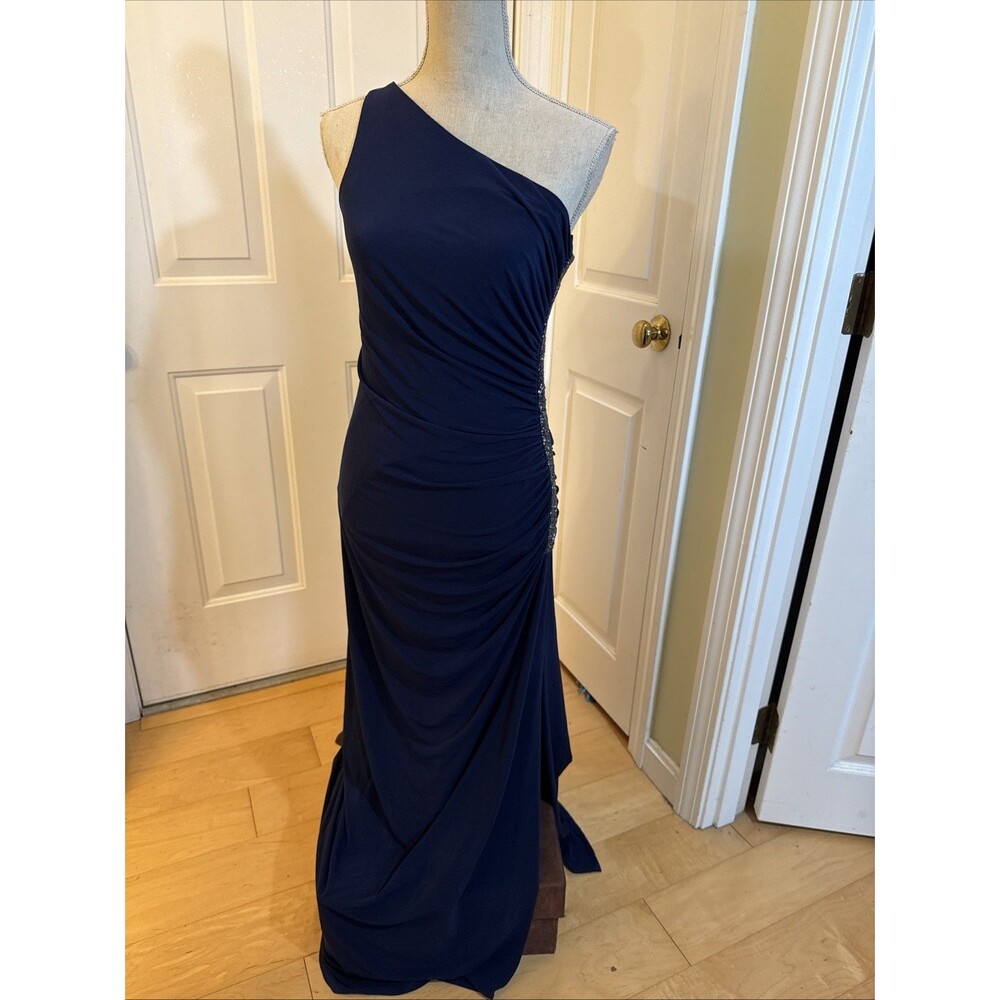 NAVY BLUE BEAUTY Laundry By Shelli Segal Long Spandex One Shoulder Gown Size 10